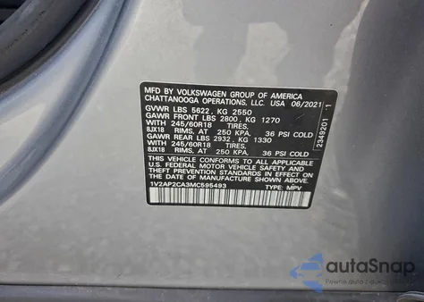 2021 Volkswagen Atlas S z USA, uszkodzony, nr VIN 1V2AP2CA3MC595493